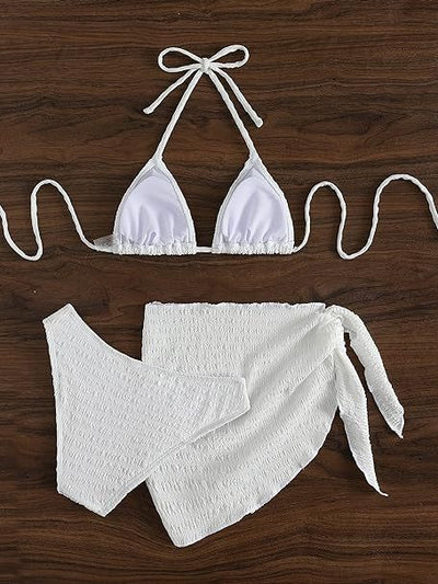 White textured lace-up split bikini swimsuit with a triangle halter top, high-cut bottoms, and matching sarong. - Image 11