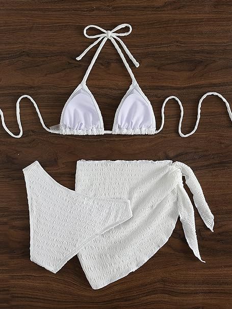 White textured lace-up split bikini swimsuit with a triangle halter top, high-cut bottoms, and matching sarong. - Image 11