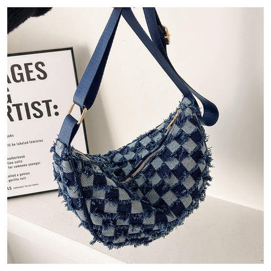 Bolsa de Hombro Underarm Denim con Diseño Cuadrícula Escocesa - Image 7