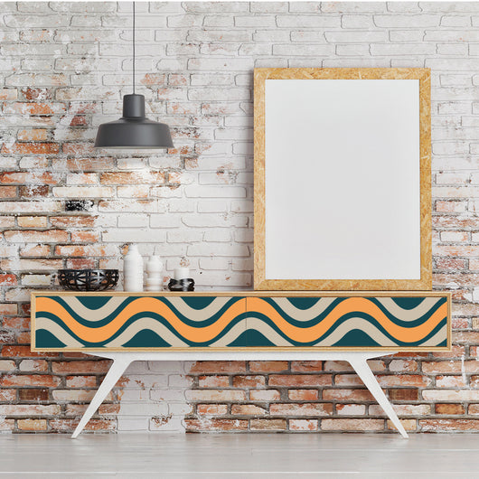 Red, beige, and grey retro wavy pattern self-adhesive wallpaper roll partially unrolled on a light grey wall. - Image 5