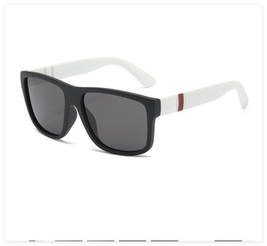 Men's grey plastic frame driving sunglasses with dark polarized lenses and red and black stripe detail on temples. - Image 11