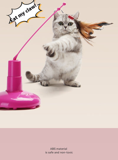 Pink automatic cat toy with a rotating pole and a brown feather attachment, measuring 15cm high. - Image 8