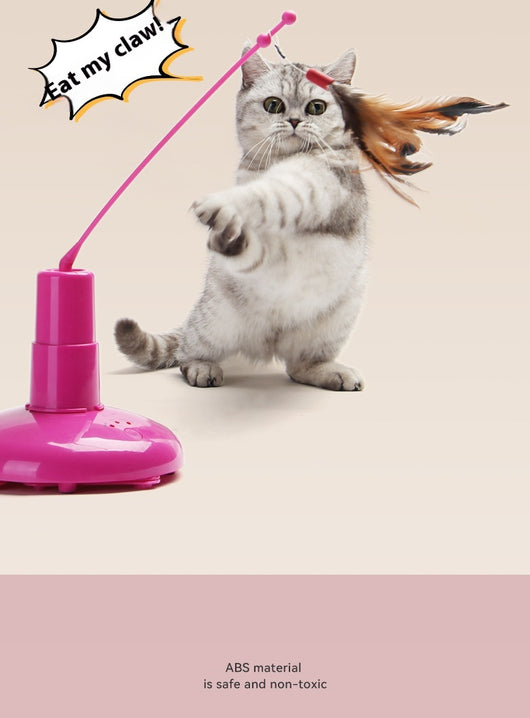 Pink automatic cat toy with a rotating pole and a brown feather attachment, measuring 15cm high. - Image 8