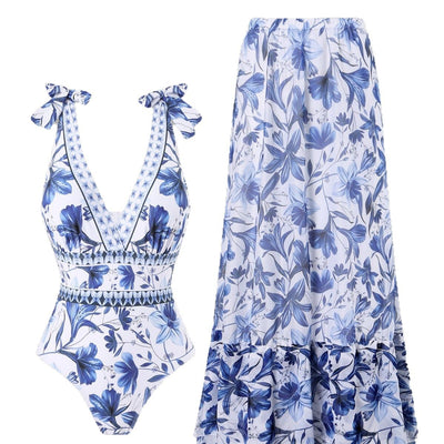 White and green floral print one-piece swimsuit with tie-shoulder straps and matching long chiffon skirt. - Image 5