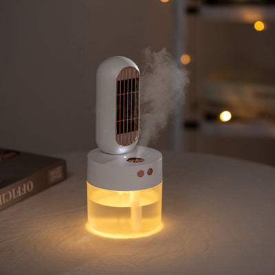 Small white and rose gold humidifier fan with an oval fan unit and a translucent cylindrical water tank. - Image 3