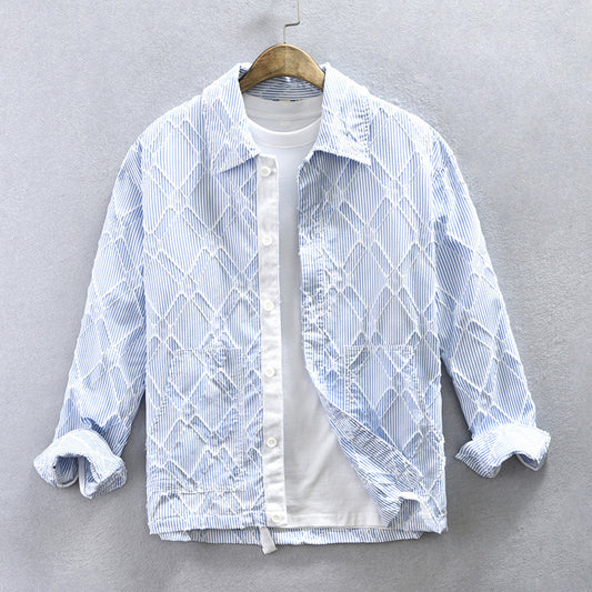 Camisa Casual Hombre Rayas y Cuadros Manga Larga Estilo Japonés Talla Grande