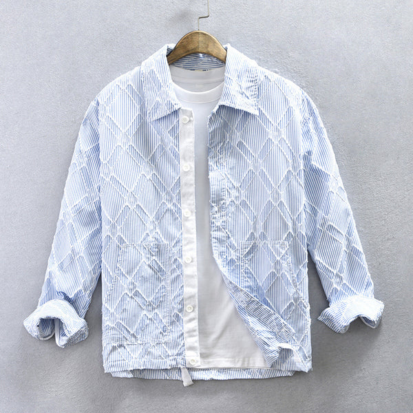 Camisa Casual Hombre Rayas y Cuadros Manga Larga Estilo Japonés Talla Grande