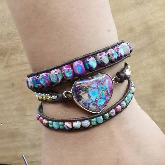 Pulsera de Cuero de Vaca con Tres Círculos Piedra Emperador y Cuentas - Image 7