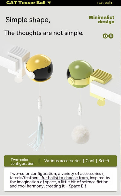 Automatic lifting cat toy with a yellow ball and white clamp, featuring interchangeable feather and pom-pom attachments. - Image 13