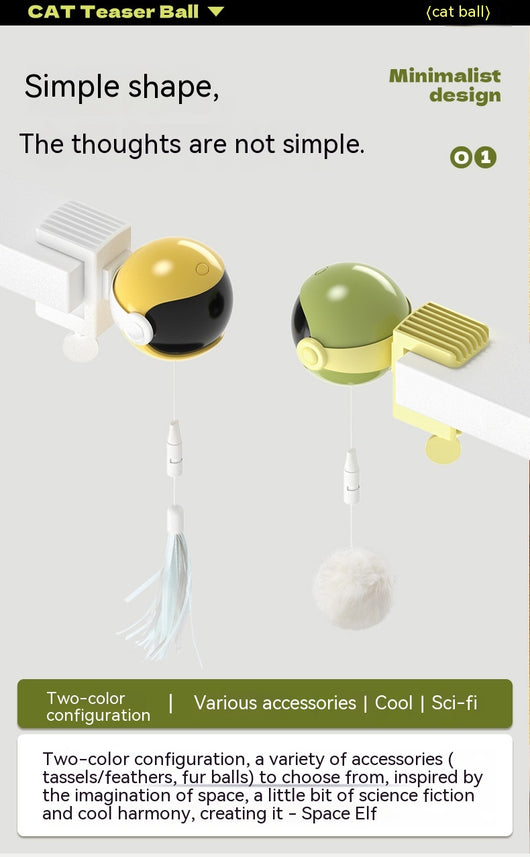 Automatic lifting cat toy with a yellow ball and white clamp, featuring interchangeable feather and pom-pom attachments. - Image 13