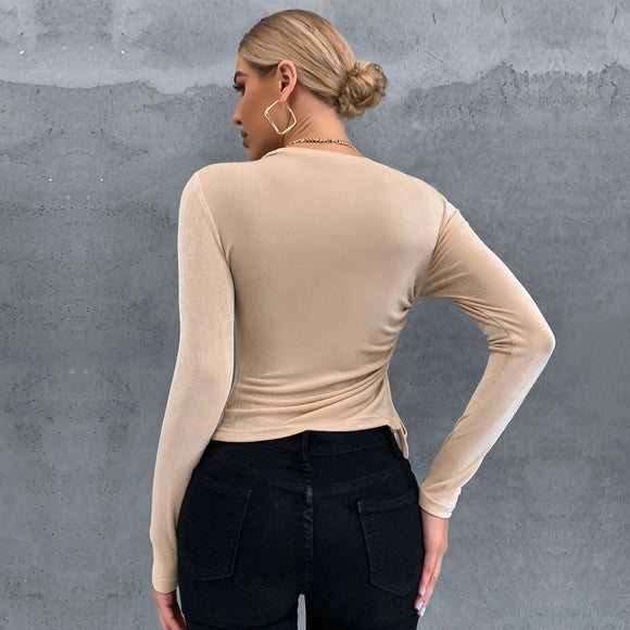 Blusa Ajustada de Cuello Redondo y Manga Larga con Acabado Brillante
