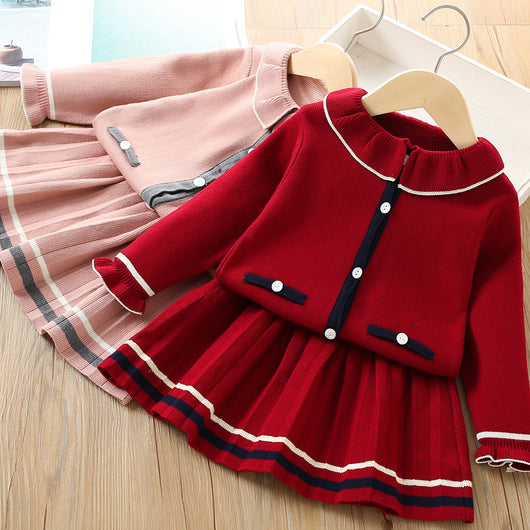 Conjunto Infantil Coreano Cardigan Tejido Liso Dos Piezas con Falda - Image 5