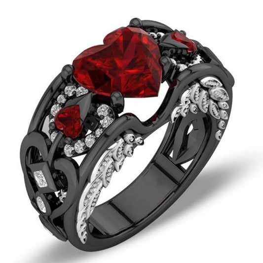 Anillo de Diamante Corazón Rubí Rojo Oro Negro - Compromiso Elegante