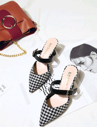 Sandalias de Tacón Alto Estilo Coreano con Diseño Cuadros - Pantuflas Puntiagudas para Mujer - Image 9