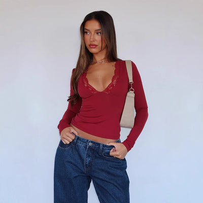 Blusa Ajustada de Manga Larga con Encaje Floral - Image 2
