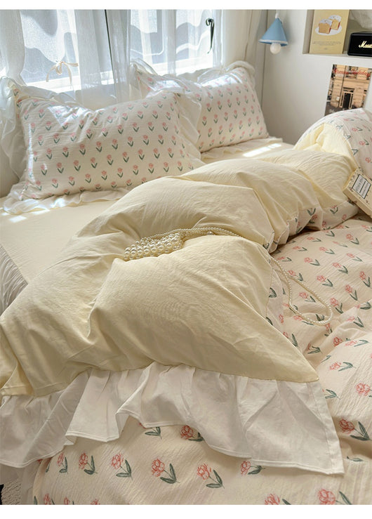 Juego de Cama Algodón Lavado Encaje Tulipán Estilo Coreano 4 Piezas - Image 23