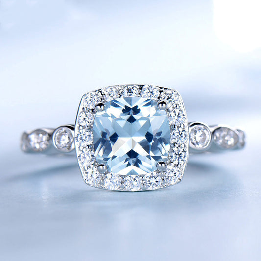 Anillo de Topacio Azul Plata Pura Diseño Europeo Moderno