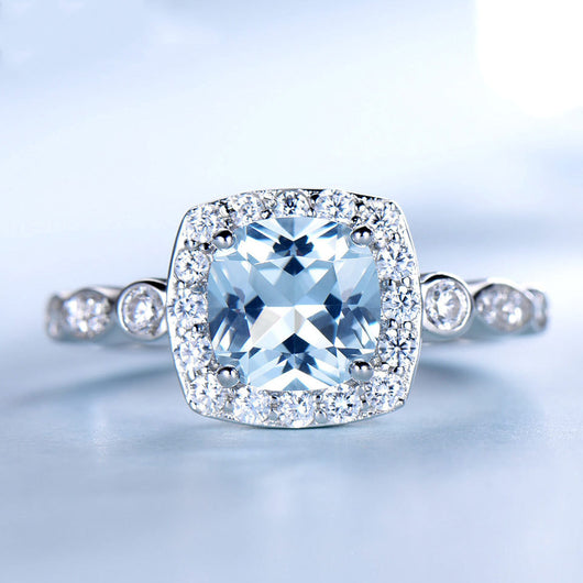 Anillo de Topacio Azul Plata Pura Diseño Europeo Moderno