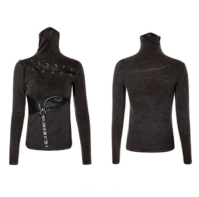 Camiseta Steampunk de Manga Larga con Cuello de Red Bicolor T432 - Image 5