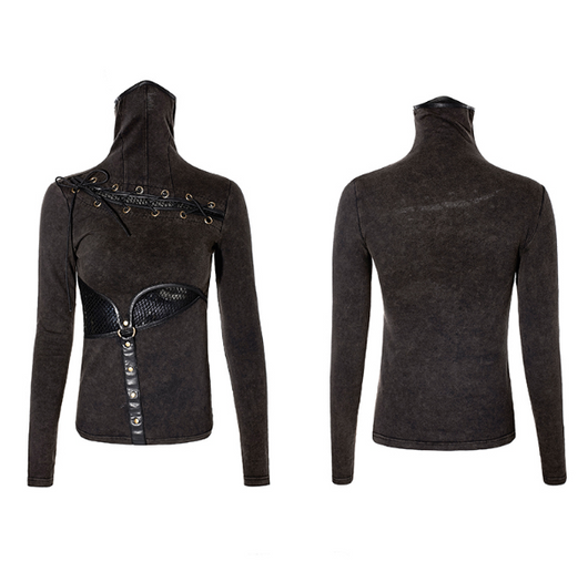 Camiseta Steampunk de Manga Larga con Cuello de Red Bicolor T432 - Image 5
