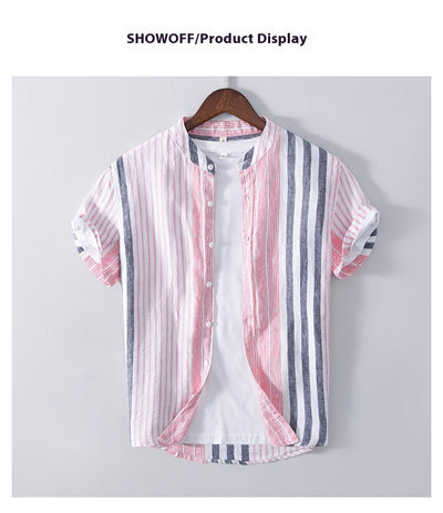 Camisa Casual de Lino Manga Corta a Rayas para Hombre Transpirable - Image 14