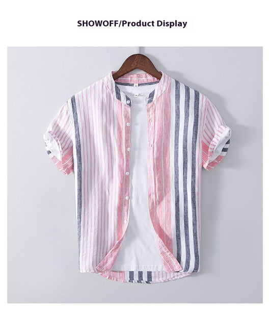 Camisa Casual de Lino Manga Corta a Rayas para Hombre Transpirable - Image 14