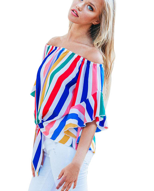Blusa de Verano Elegante con Cuello Tubo y Mangas Trompeta a Rayas - Image 6