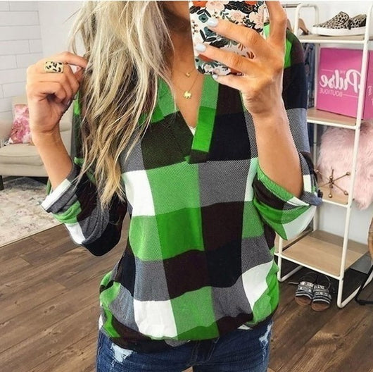 Camisa Casual de Cuadros con Escote en V y Mangas Largas - Image 33