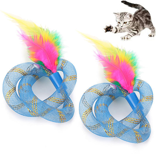 Two blue mesh cat toys with intertwined rings and colorful pink, green, and yellow feathers.