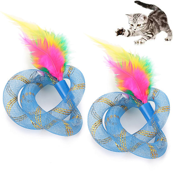 Two blue mesh cat toys with intertwined rings and colorful pink, green, and yellow feathers.