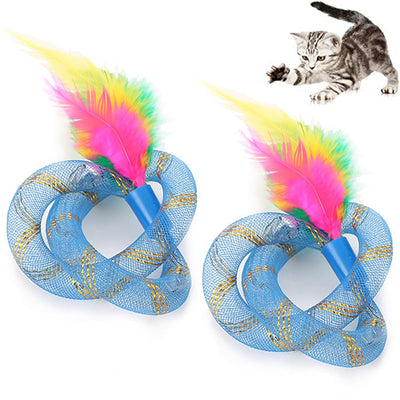 Two blue mesh cat toys with intertwined rings and colorful pink, green, and yellow feathers.