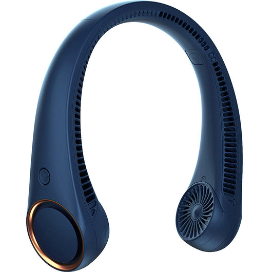 Dark blue U-shaped neck fan with air vents, small fan grilles, and a rose gold accent ring. - Image 5