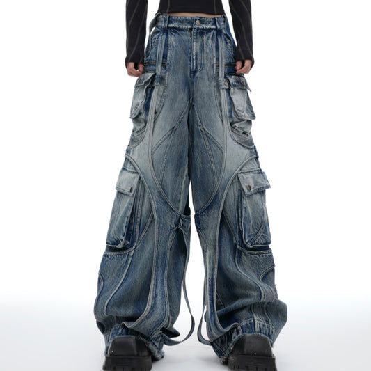 Pantalones Vaqueros Rectos Anchos Desgastados con Bolsillos Múltiples