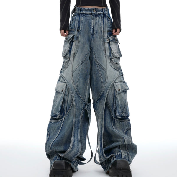 Pantalones Vaqueros Rectos Anchos Desgastados con Bolsillos Múltiples