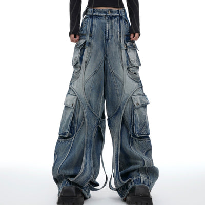 Pantalones Vaqueros Rectos Anchos Desgastados con Bolsillos Múltiples