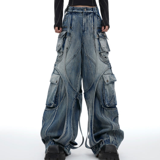 Pantalones Vaqueros Rectos Anchos Desgastados con Bolsillos Múltiples