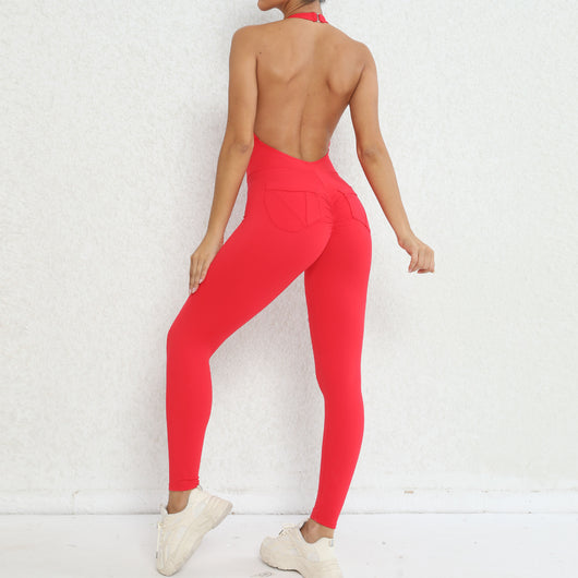 Jumpsuit Deportivo Halter Espalda Descubierta con Bolsillos y Cintura Ajustada Melocotón - Image 48