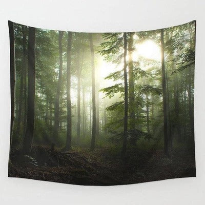 The Dawn Wall Tapestry featuring a misty forest with bright sunlight shining through tall green trees. - Image 2