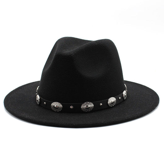 Sombrero de Copa Retro con Cinturón Metálico Unisex - Estilo Jazz Vintage
