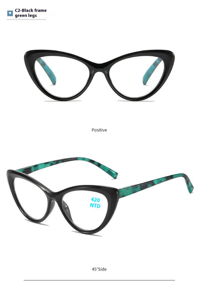 Black cat-eye anti-blue light reading glasses with green patterned temples on a white background. - Image 22
