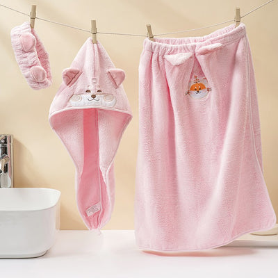 Pink coral fleece bath towel set with cartoon animal faces, including a hooded dry hair cap, a bath skirt, and a headband. - Image 11