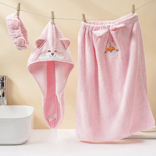 Pink coral fleece bath towel set with cartoon animal faces, including a hooded dry hair cap, a bath skirt, and a headband. - Image 11