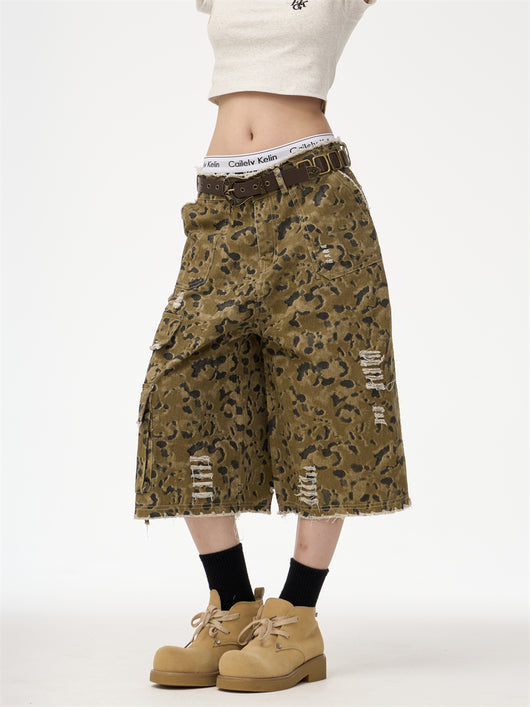 Pantalones Cortos Denim Camuflado Leopardo Estilo Retro Urbano - Image 9