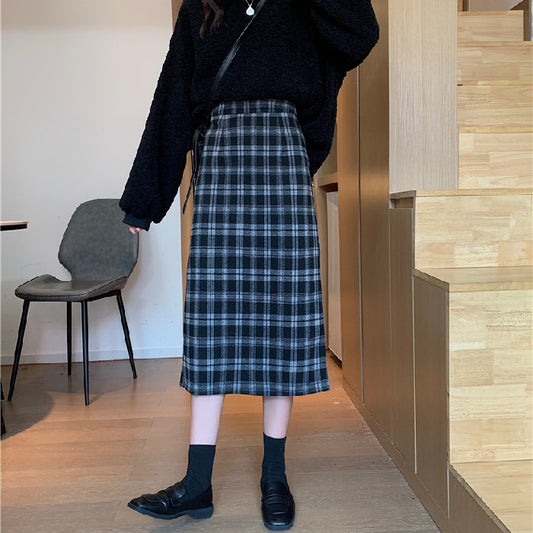 Falda Retro de Cuadros en Lana, Cintura Alta y Corte Slim