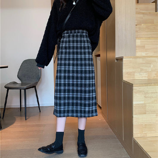 Falda Retro de Cuadros en Lana, Cintura Alta y Corte Slim