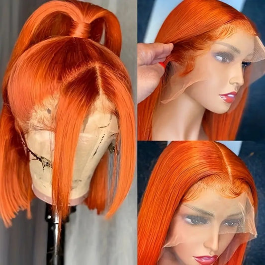 Peluca Bob Liso Jengibre Naranja Cabello Natural 13x4