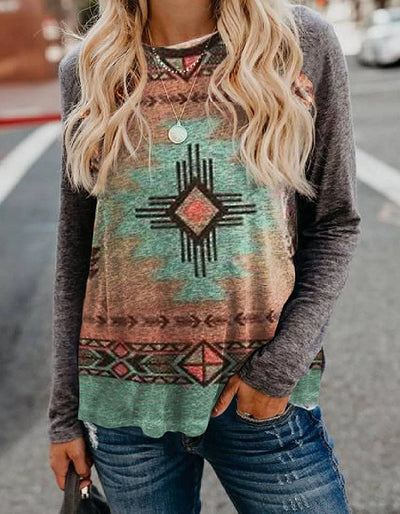Blusa Étnica Retro Cuello Redondo Manga Larga - Image 2