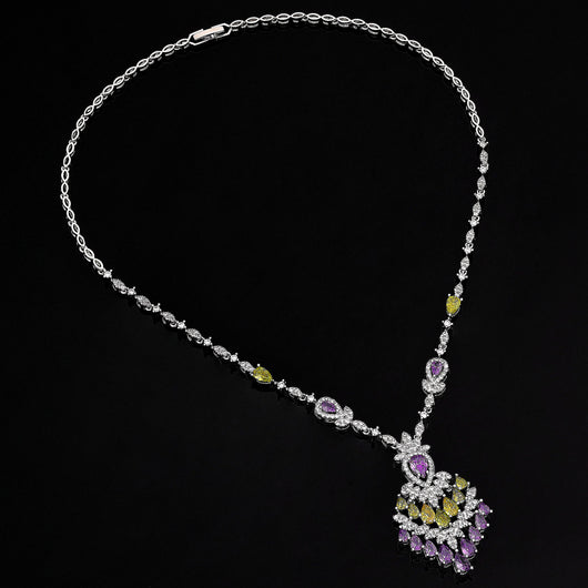 Color zirconium necklace, earrings, bracelet, and ring 4-piece set with purple and green stones. - Image 8