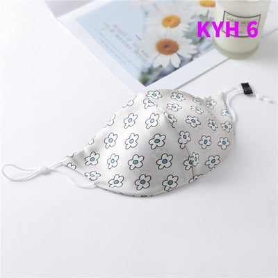 White silk face mask with light blue floral pattern and adjustable ear loops for women's sun protection. - Image 35