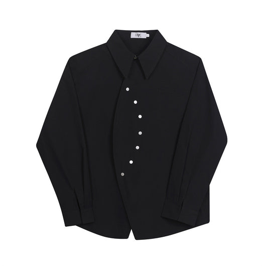 Camisa Casual Oscura con Botones Diagonales Asimétricos - Image 13